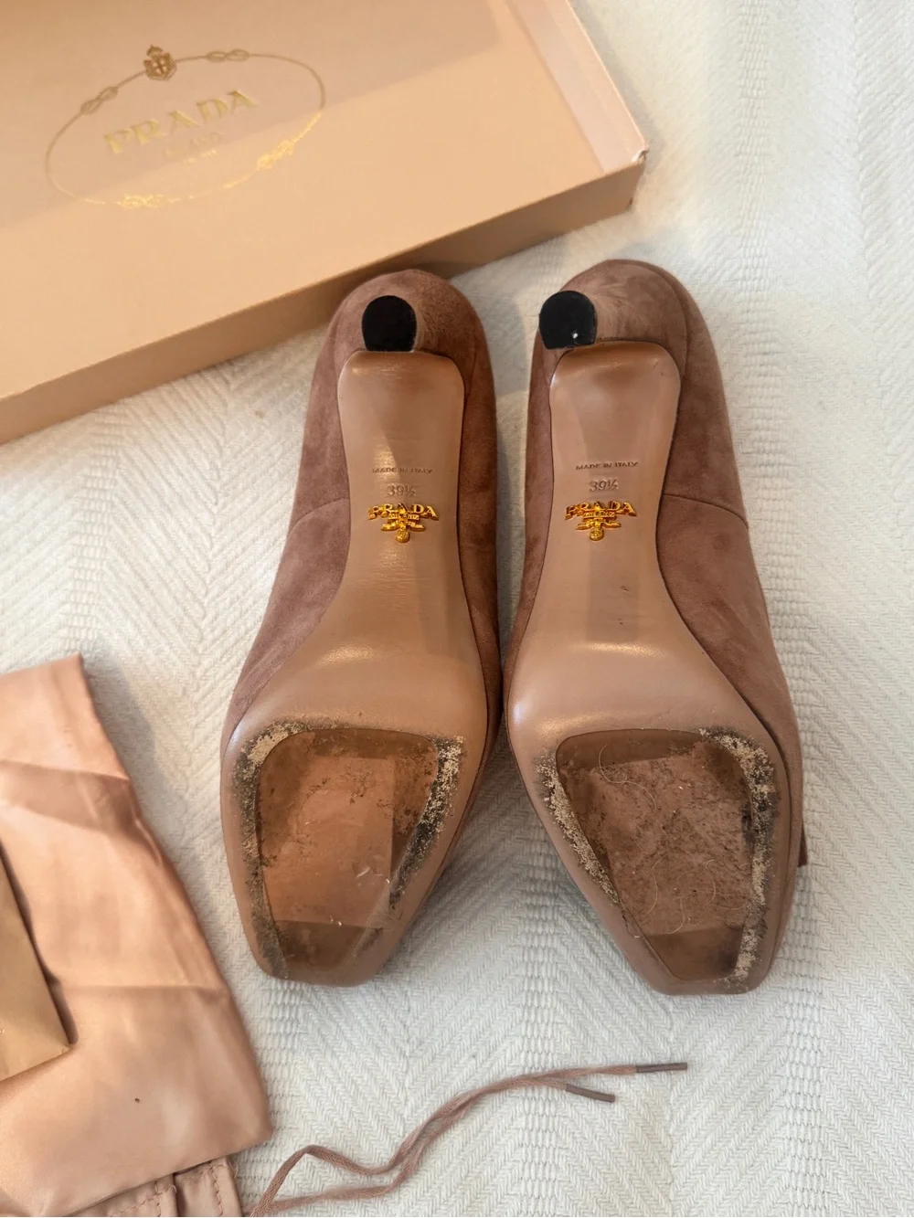 Prada Taupe Suede Bow Peep-Toe Pumps